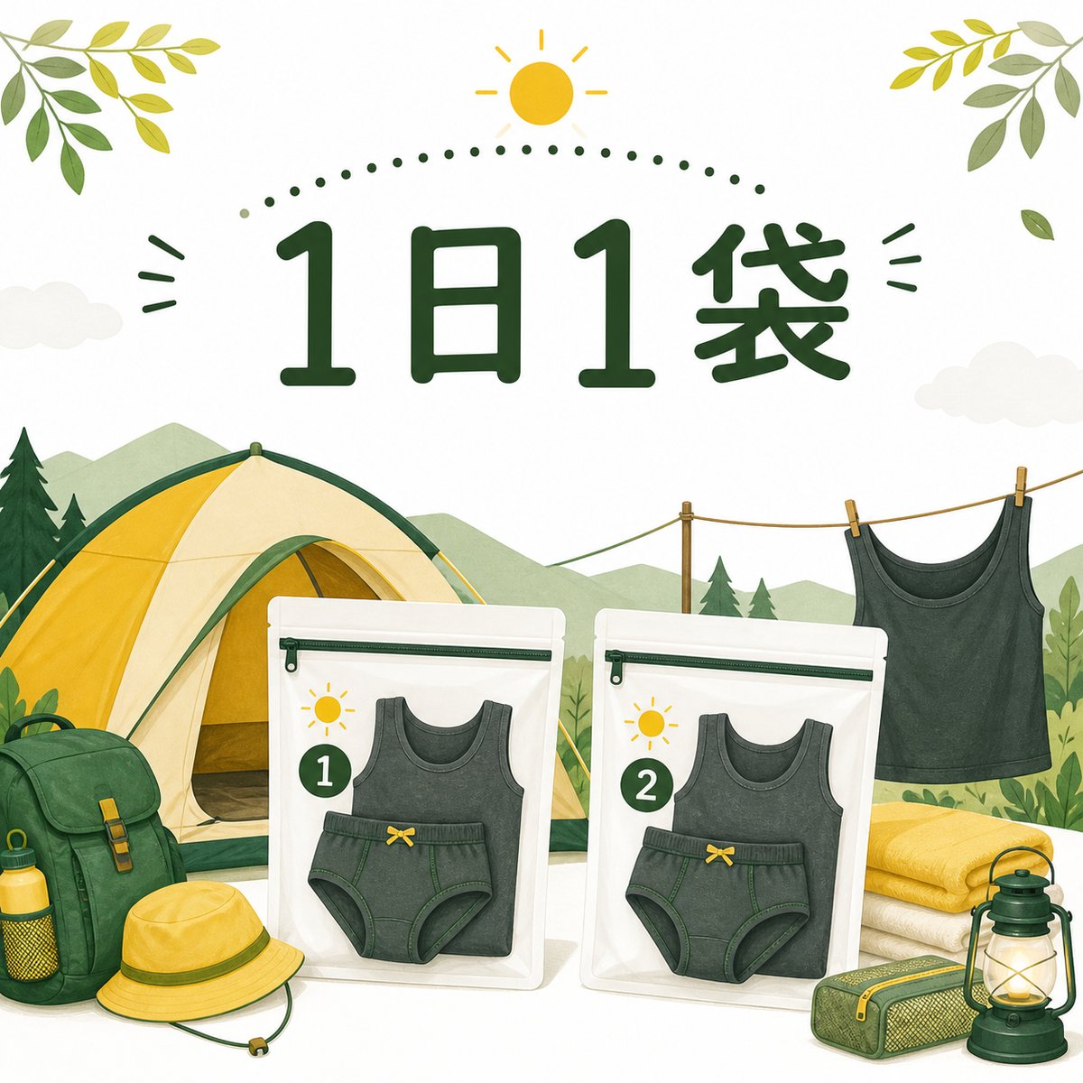 家族キャンプ・屋外泊｜お風呂に入れない日もある夏の子ども下着準備のサムネイル画像
