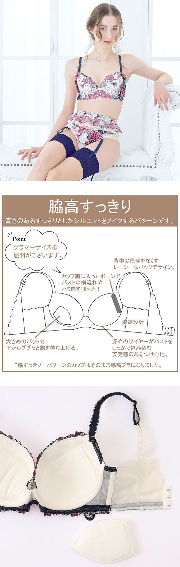 ドゥペルル リリーフロレッタ 脇高すっきりブラジャー GH 大きいサイズ グラマー 脇高 脇肉 谷間 バストアップ リフトアップ