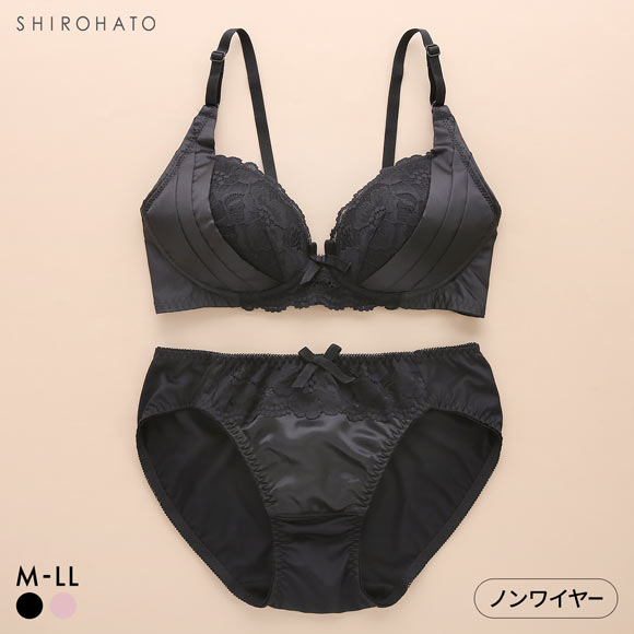 ソニアブラック サイドリフトサテン ノンワイヤーブラセット M L LL パッド入り 軽い 快適 ブラジャー ショーツ 大きいサイズ