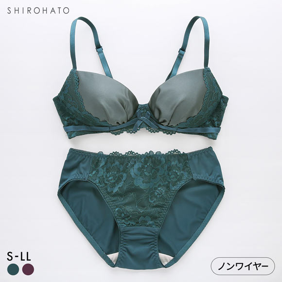 ソニアブラック レーシーサテン ノンワイヤーブラセット S M L LL パッド入り 脇スッキリ 脇高 ブラジャー ショーツ 大きいサイズ