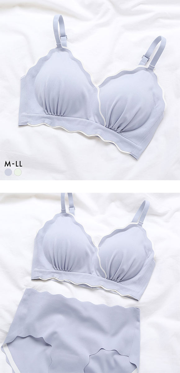 ポフ 配色スカラップブラ M L LL ふわもち ノンワイヤーブラ ブラジャー ハーフトップ Pofu ひびきにくい なめらか シームレス