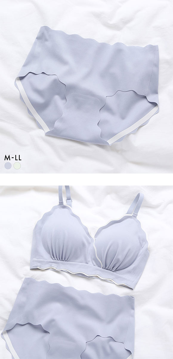 ポフ 配色スカラップブラ ペアノーマルショーツ M L LL コーディネイト なめらか ひびきにくい シームレス ヘム フリーカット Pofu