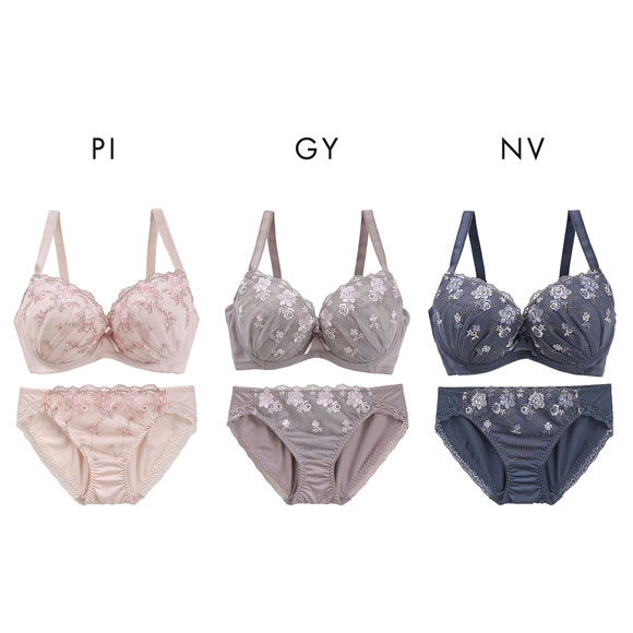グラマーサイズブラセット プチフラワー刺繍 DEFG75-90 ブラジャー ショーツ セット 脇高 脇肉 大きいサイズ お得 上下
