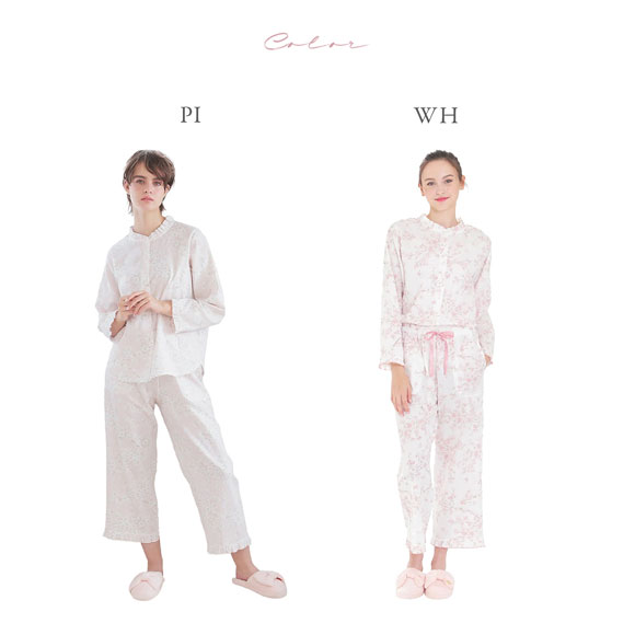 ナルエー パジャマ 50/ダブルガーゼチェリーブロッサムフリルパジャマ ルームウェア セットアップ 上下セット 長袖 9分丈 NARUE