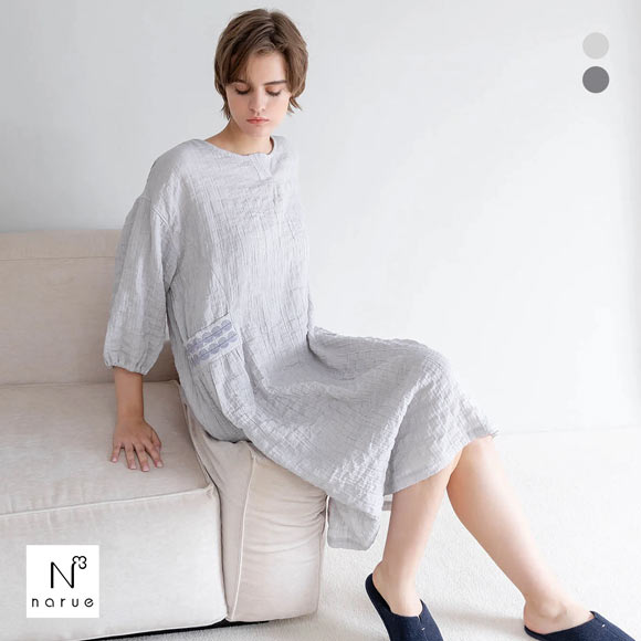 ナルエー パジャマ シャーリングダブルガーゼオーブステッチワンピース ワンピース ルームウェア 7分丈 NARUE