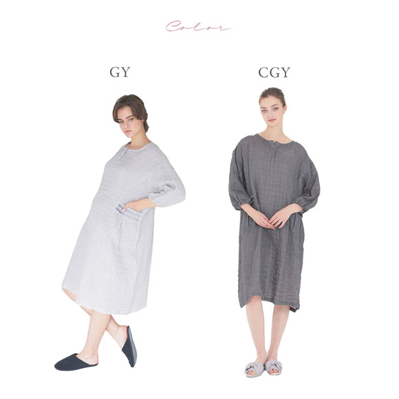 ナルエー パジャマ シャーリングダブルガーゼオーブステッチワンピース ワンピース ルームウェア 7分丈 NARUE