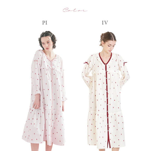 ナルエー パジャマ コットンダブルガーゼいちごフリルドレス ワンピース ルームウェア 長袖 レディース ネグリジェ 綿100％ NARUE
