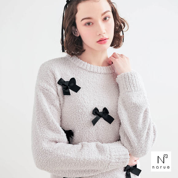ナルエー パジャマ モールニットリボンセットアップ ルームウェア ロングパンツ 長袖 上下セット NARUE