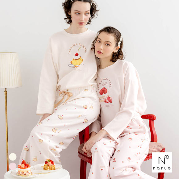 ナルエー パジャマ エアーニットプリン＆ショートケーキパジャマ ルームウェア ロングパンツ 長袖 上下セット NARUE