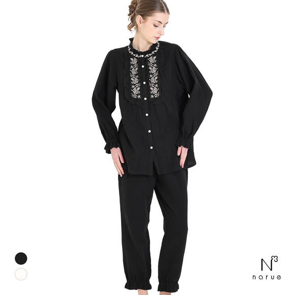 ナルエー パジャマ シュークリームガーゼRアンティーク刺繍パジャマ ルームウェア 上下セット 長袖 NARUE