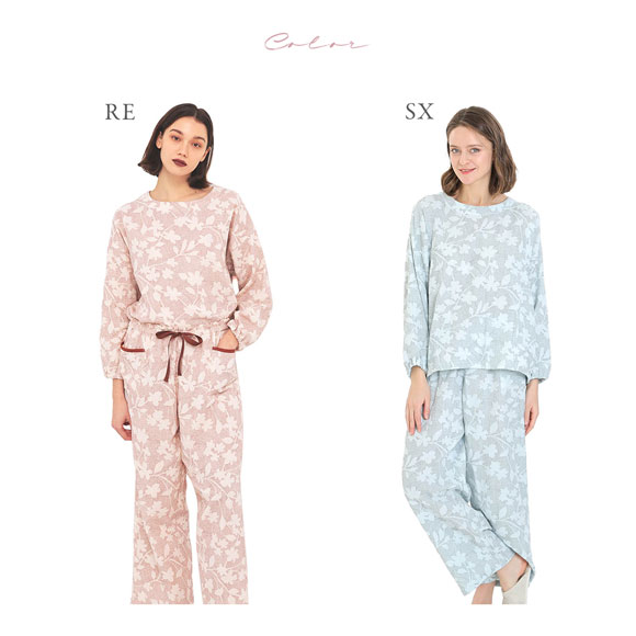 ナルエー パジャマ シュークリームガーゼRフラワーステッチセットアップ ルームウェア ロングパンツ 長袖 上下セット NARUE