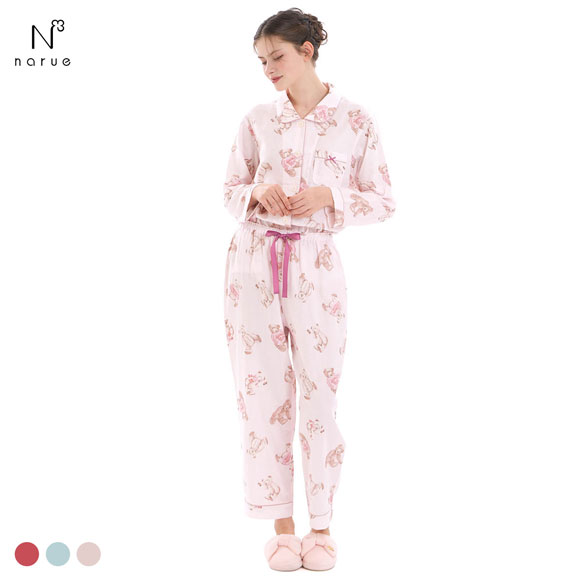 ナルエー パジャマ コットンダブルガーゼテディーベアシャツパジャマ ルームウェア セットアップ 上下セット 長袖 綿100％ NARUE moontan