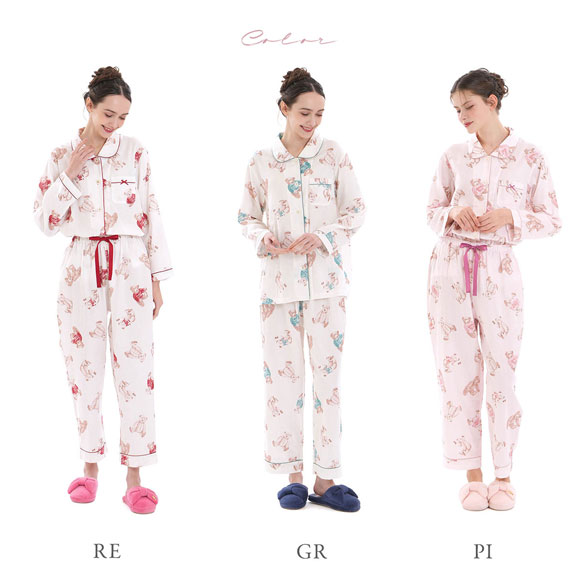 ナルエー パジャマ コットンダブルガーゼテディーベアシャツパジャマ ルームウェア セットアップ 上下セット 長袖 綿100％ NARUE moontan