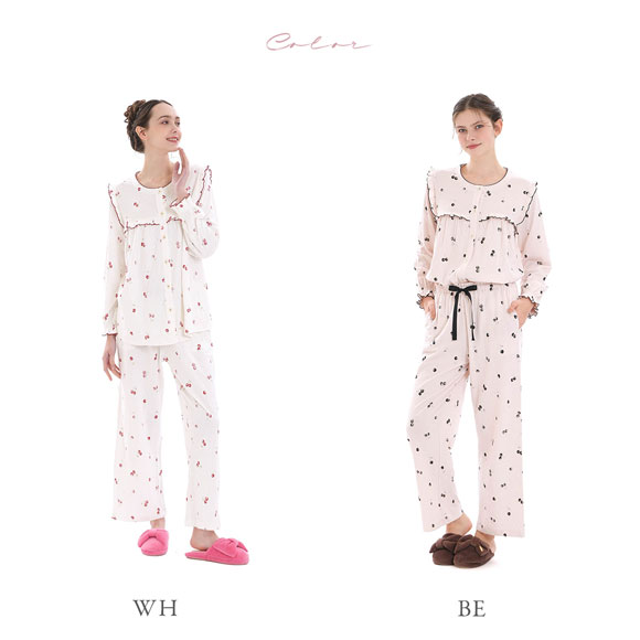 ナルエー パジャマ コットン接結チェリーフリルパジャマ セットアップ ルームウェア NARUE moontan