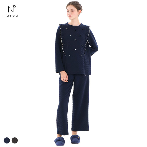 ナルエー パジャマ 裏綿接結（綿入り）ハートジャガードフリルパジャマ セットアップ 上下セット ルームウェア 長袖 Narue