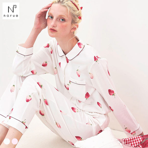 ナルエー パジャマ コットンスムースいちごシャツパジャマ セットアップ 上下セット ルームウェア 長袖 綿100％ NARUE