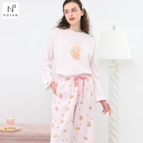 ナルエー パジャマ エアーニットいちごクッキーサンドセットアップ ルームウェア ロングパンツ 長袖 上下セット NARUE