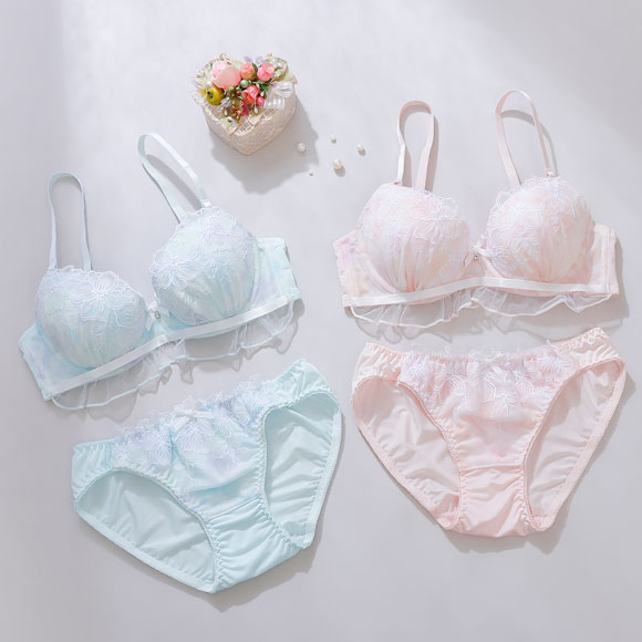 プチマリー ピュアフラワープリント ブラジャー ショーツ セット フリル モールドカップ ABCD petit marie WHITE