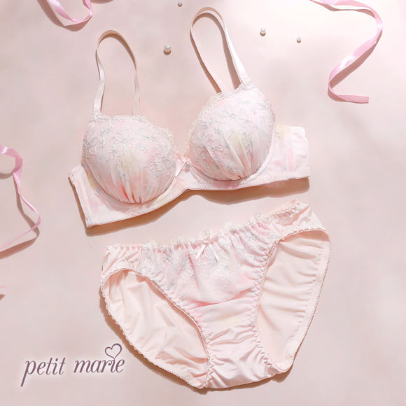 プチマリー ラメフラワープリント ブラセット モールドカップ EF ブラジャー ショーツ セット 大きいサイズ petit marie WHITE