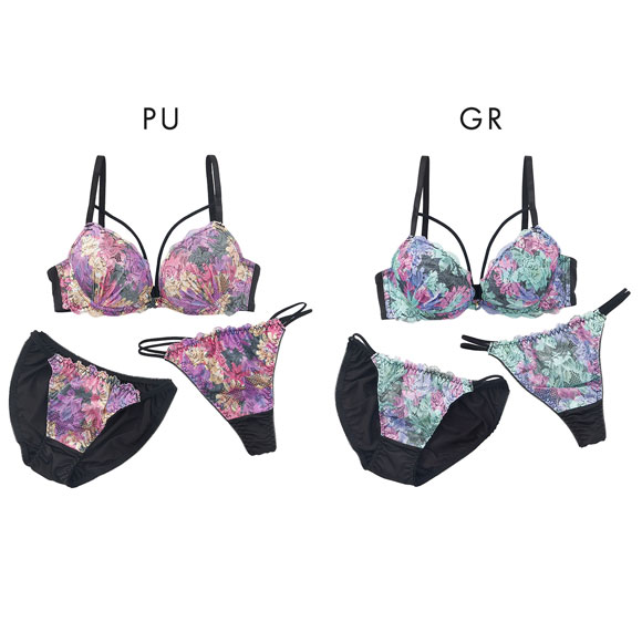 プチマリー ビビッドフラワーコード ブラジャー ショーツ セット Tバック 3点セット EF 大きいサイズ petit marie BLACK