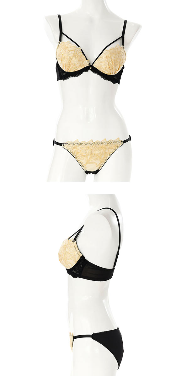 プチマリー リリーレースコード ブラジャー ショーツ セット Tバック 3点セット EF 大きいサイズ petit marie BLACK