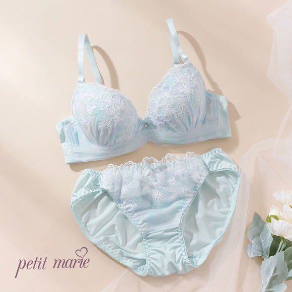 プチマリー パステル水彩プリント ブラジャー ショーツ セット モールド まる胸 ABCD ラメ刺繍 petit marie WHITE