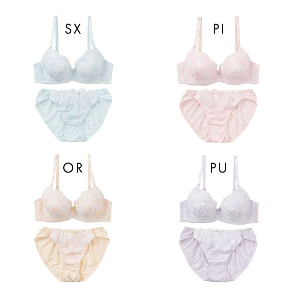 プチマリー パステル水彩プリント ブラジャー ショーツ セット モールド まる胸 ABCD ラメ刺繍 petit marie WHITE
