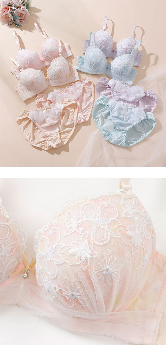 プチマリー パステル水彩プリント ブラジャー ショーツ セット モールド まる胸 EF 大きいサイズ ラメ刺繍 petit marie WHITE