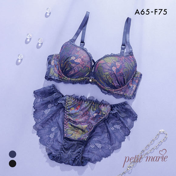 プチマリー プリントクロスコード ブラセット ABCDEF ブラジャー ショーツ セット 総レース バックレース petit marie BLACK