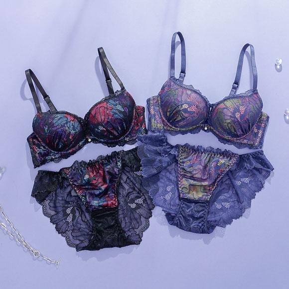 プチマリー プリントクロスコード ブラセット ABCDEF ブラジャー ショーツ セット 総レース バックレース petit marie BLACK