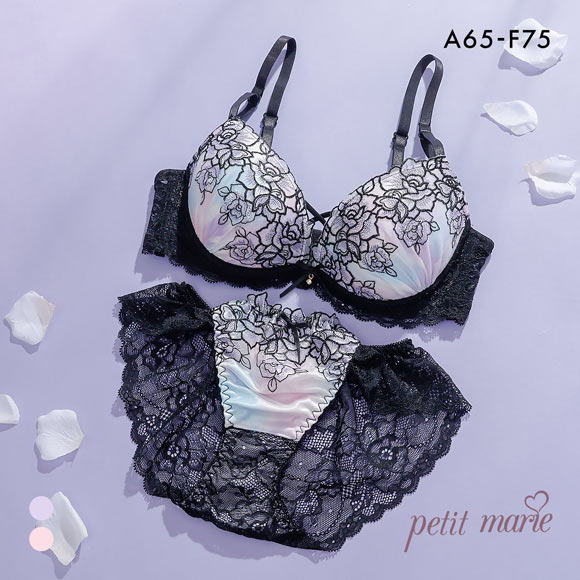 プチマリー グラデプリントコード ブラセット ABCDEF ブラジャー ショーツ セット Wパッド 盛り バックレース petit marie BLACK