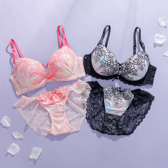 プチマリー グラデプリントコード ブラセット ABCDEF ブラジャー ショーツ セット Wパッド 盛り バックレース petit marie BLACK