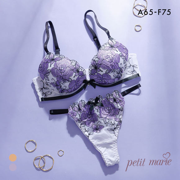 プチマリー ローズ刺繍 ブラセット ABCDEF ブラジャー ショーツ セット Tバックショーツ 谷間 盛りブラ petit marie BLACK