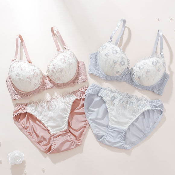 プチマリー ミスティフルール ブラセット ABCDEF ブラジャー ショーツ セット 花柄刺繍 ラメ petit marie WHITE