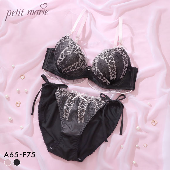 プチマリー ミスティフルール ブラセット ABCDEF ブラジャー ショーツ セット 編み上げ風 紐ショーツ petit marie BLACK