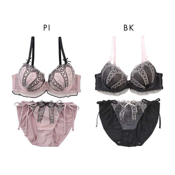 プチマリー ミスティフルール ブラセット ABCDEF ブラジャー ショーツ セット 編み上げ風 紐ショーツ petit marie BLACK