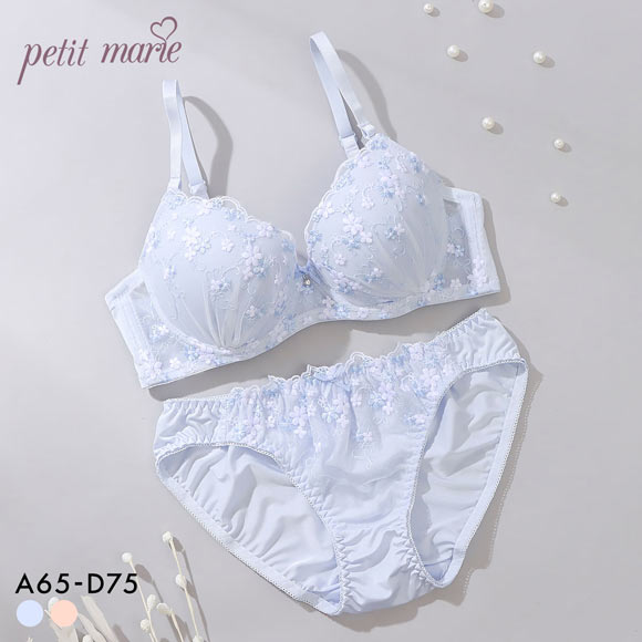 プチマリー プチフラワー刺繍 ブラセット ABCD ブラジャー ショーツ セット まる胸 petit marie WHITE