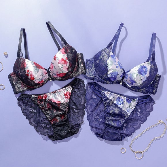 プチマリー ローズプリント ブラセット ABCDEF ブラジャー ショーツ セット Wパッド 盛り バックレース petit marie BLACK