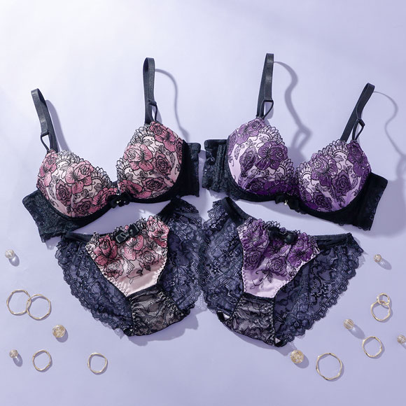 プチマリー Luxe Bloom ブラジャー ノーマルショーツ セット ブラセット ABCDEF 脇高 谷間 盛りブラ petit marie BLACK 大きいサイズ