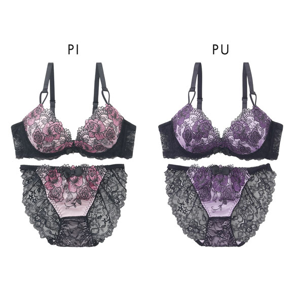 プチマリー Luxe Bloom ブラジャー ノーマルショーツ セット ブラセット ABCDEF 脇高 谷間 盛りブラ petit marie BLACK 大きいサイズ