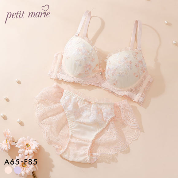 プチマリー フラワーレース ブラセット ABCDEF ブラジャー ショーツ セット 花柄刺繍 ラメ バックレース petit marie WHITE