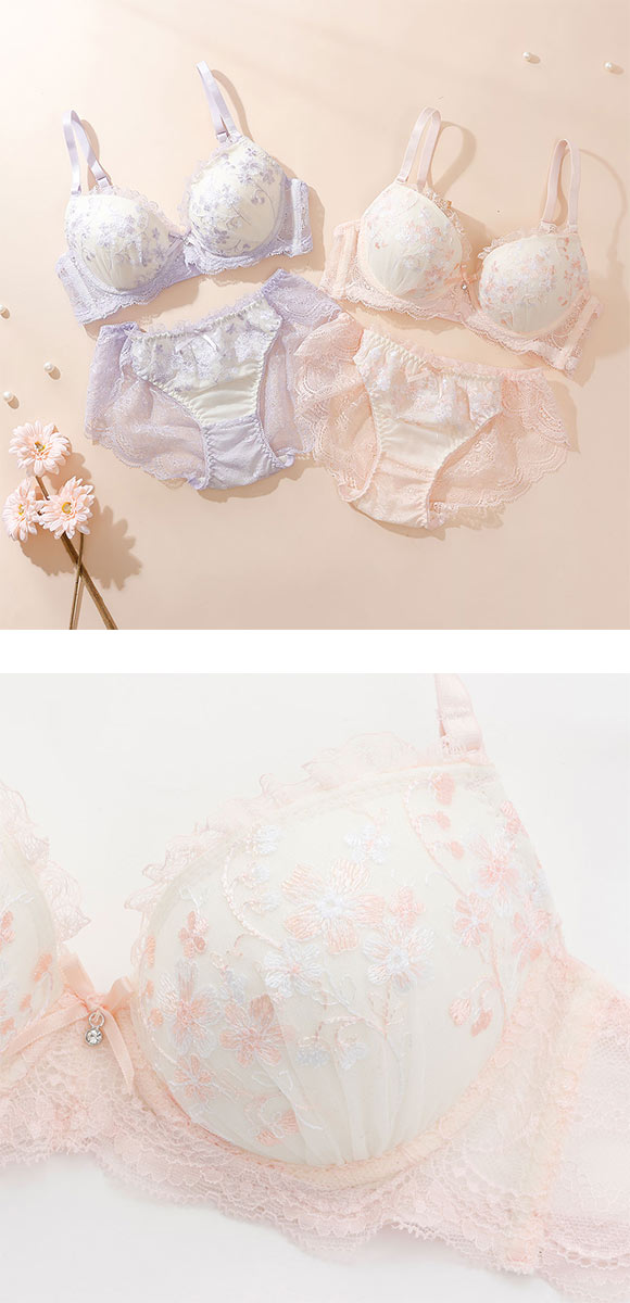 プチマリー フラワーレース ブラセット ABCDEF ブラジャー ショーツ セット 花柄刺繍 ラメ バックレース petit marie WHITE