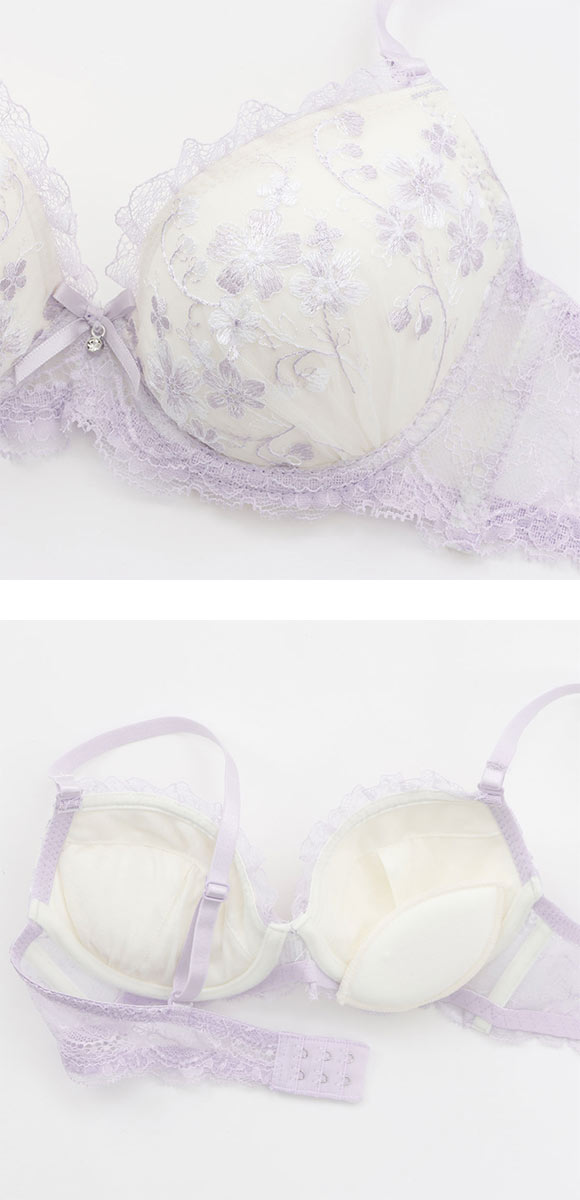 プチマリー フラワーレース ブラセット ABCDEF ブラジャー ショーツ セット 花柄刺繍 ラメ バックレース petit marie WHITE