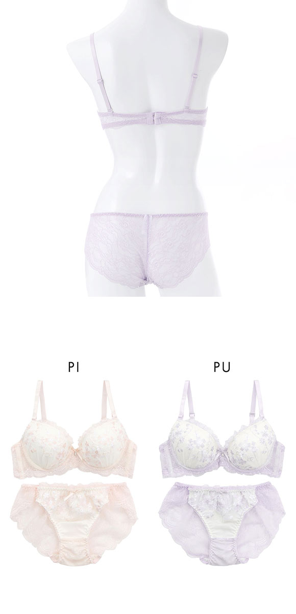 プチマリー フラワーレース ブラセット ABCDEF ブラジャー ショーツ セット 花柄刺繍 ラメ バックレース petit marie WHITE