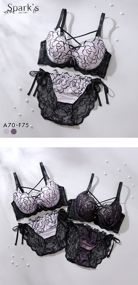 スパークス ノワールローズ ブラジャー ノーマルショーツ セット サイドリボン 脇高 谷間 ABCDEF バックレース 紐パン SPARKS