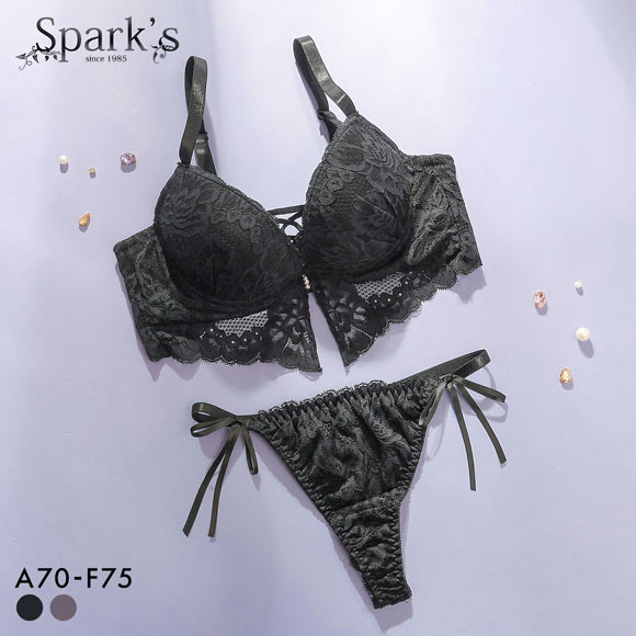 スパークス ビスチェ風モノトーンレースアップ ブラジャー ショーツ セット Tバックショーツ 脇高 ABCDEF バックレース SPARKS