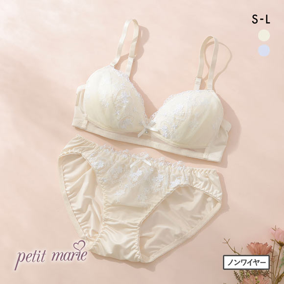 プチマリー ガーリーハートレース ノンワイヤー ブラセット ブラジャー ショーツ セット petit marie WHITE