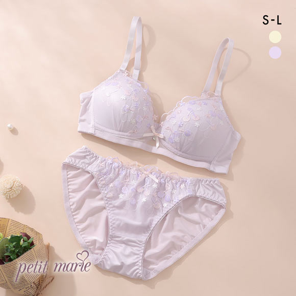 プチマリー ガーリーチェリーレース ノンワイヤー ブラセット ブラジャー ショーツ セット petit marie WHITE