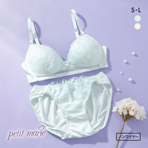 プチマリー ガーリーリボンレース ノンワイヤー ブラセット ブラジャー ショーツ セット petit marie WHITE
