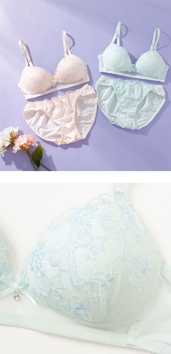 プチマリー ガーリーリボンレース ノンワイヤー ブラセット ブラジャー ショーツ セット petit marie WHITE